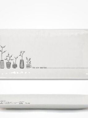White Ceramic Decorative Tray with Botanical Sketch Design